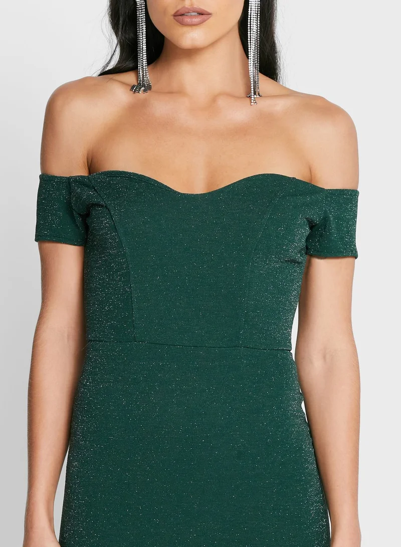 John Zack Emerald Off-Shoulder Dress