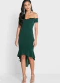 John Zack Emerald Off-Shoulder Dress