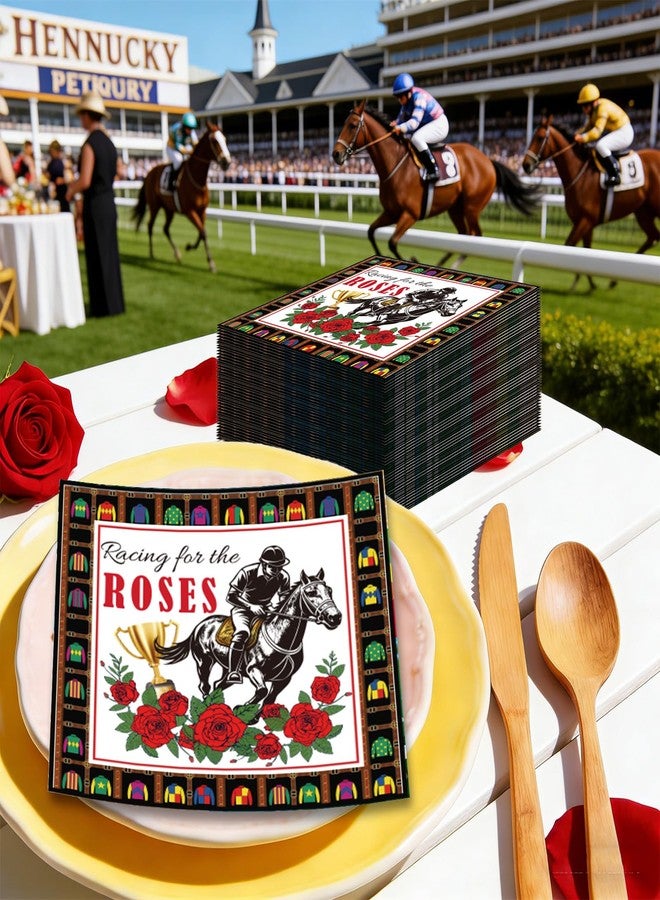 Raxfly 50Pcs Horse Racing Theme Paper Napkins, Equestrian Derby Style Paper Guest Towels, Red Rose Disposable Napkins for Racing Birthday, Spring Garden & Watch Party Decor - Image 4