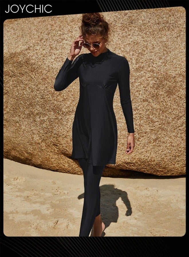 Joychic بدلة سباحة مكونة من قطعتين بلون موحد للنساء المسلمات صيفية بأكمام طويلة وسروال تغطية كاملة واقية من الشمس ملابس سباحة سريعة الجفاف شاطئية سوداء - Image 1