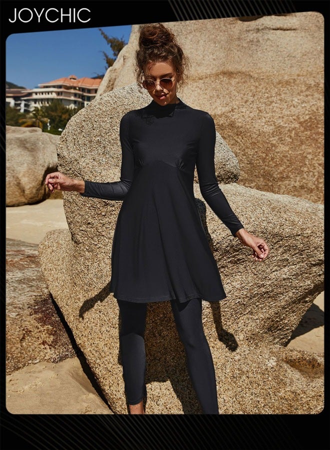 Joychic بدلة سباحة مكونة من قطعتين بلون موحد للنساء المسلمات صيفية بأكمام طويلة وسروال تغطية كاملة واقية من الشمس ملابس سباحة سريعة الجفاف شاطئية سوداء - Image 2