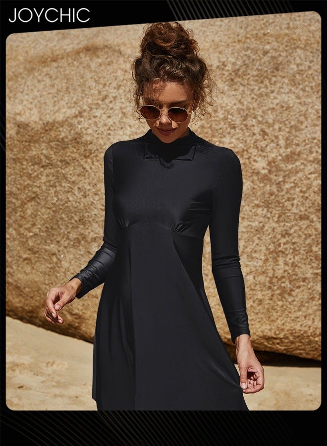 Joychic بدلة سباحة مكونة من قطعتين بلون موحد للنساء المسلمات صيفية بأكمام طويلة وسروال تغطية كاملة واقية من الشمس ملابس سباحة سريعة الجفاف شاطئية سوداء - Image 3