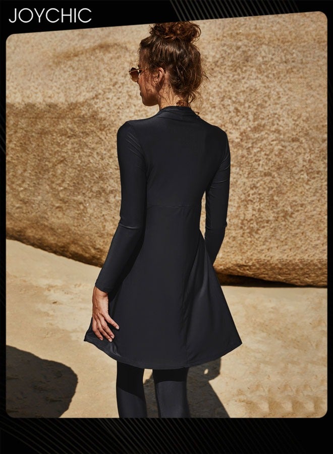 Joychic بدلة سباحة مكونة من قطعتين بلون موحد للنساء المسلمات صيفية بأكمام طويلة وسروال تغطية كاملة واقية من الشمس ملابس سباحة سريعة الجفاف شاطئية سوداء - Image 5