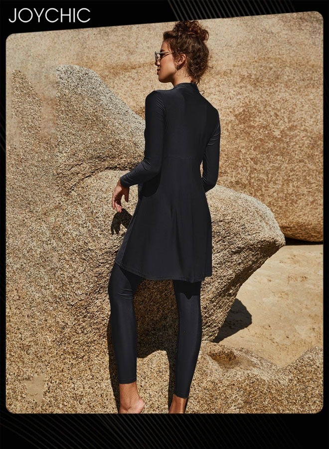 Joychic بدلة سباحة مكونة من قطعتين بلون موحد للنساء المسلمات صيفية بأكمام طويلة وسروال تغطية كاملة واقية من الشمس ملابس سباحة سريعة الجفاف شاطئية سوداء - Image 4