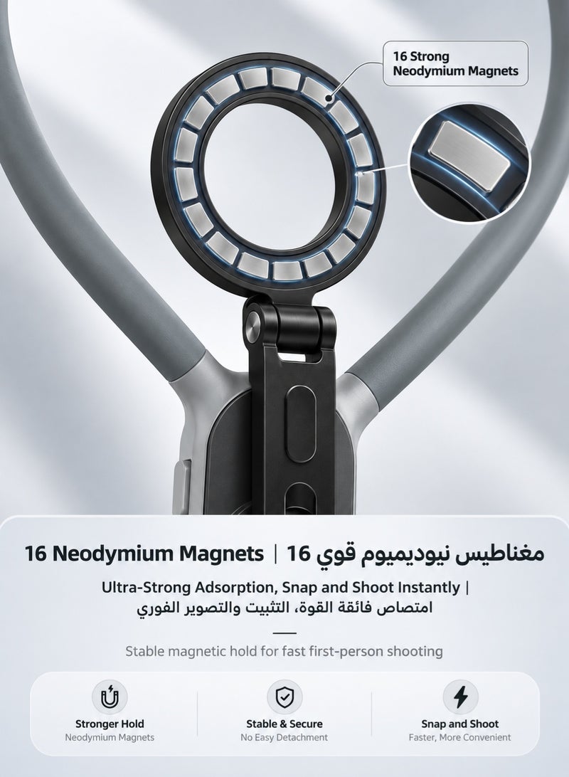 تيليسن حامل هاتف مغناطيسي للرقبة MAX مع 16 مغناطيساً وذراع تمديد 164 مم وحزام تثبيت، حامل POV دون استخدام اليدين متوافق مع سلسلة iPhone 12-17 وهواتف Android، رمادي - Image 2