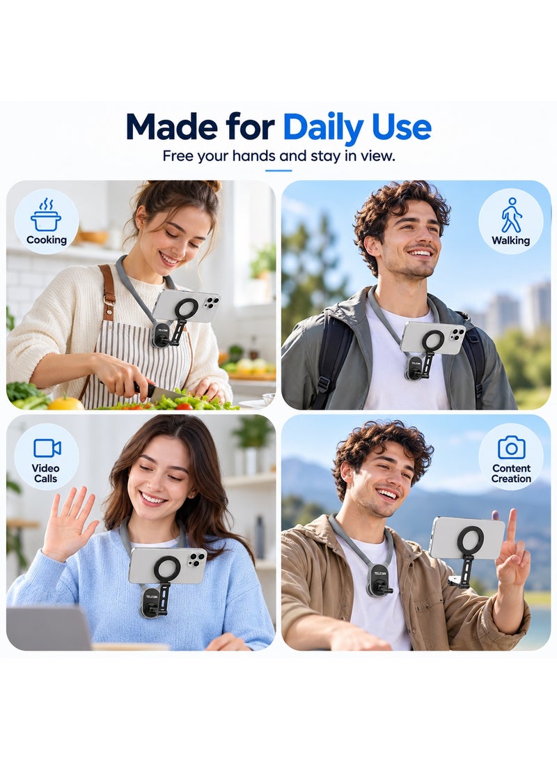 TELESIN MAX Magnetic Neck Phone Mount with 16 Magnets, 164mm Extension Arm and Stabilizing Strap, Hands-Free POV Vlog Selfie Holder for iPhone 12-17 Series and Android Phones, Gray - Image 4