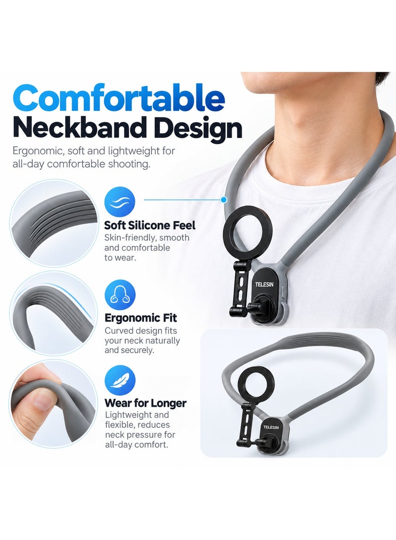 TELESIN MAX Magnetic Neck Phone Mount with 16 Magnets, 164mm Extension Arm and Stabilizing Strap, Hands-Free POV Vlog Selfie Holder for iPhone 12-17 Series and Android Phones, Gray - Image 5