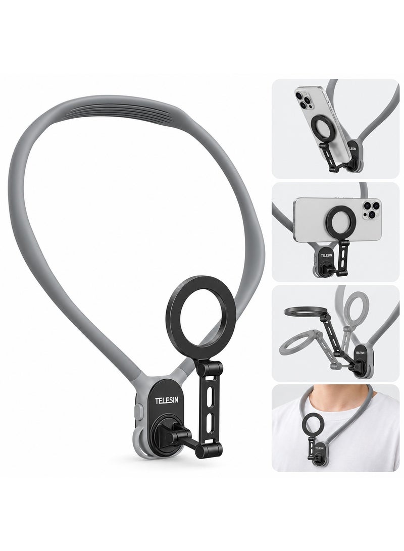 TELESIN MAX Magnetic Neck Phone Mount with 16 Magnets, 164mm Extension Arm and Stabilizing Strap, Hands-Free POV Vlog Selfie Holder for iPhone 12-17 Series and Android Phones, Gray - Image 1