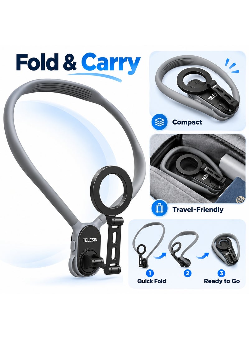 TELESIN MAX Magnetic Neck Phone Mount with 16 Magnets, 164mm Extension Arm and Stabilizing Strap, Hands-Free POV Vlog Selfie Holder for iPhone 12-17 Series and Android Phones, Gray - Image 2