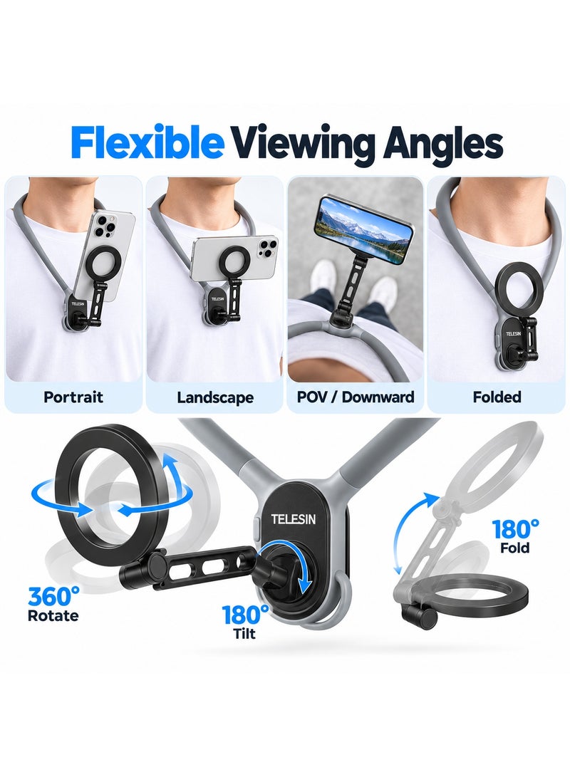TELESIN MAX Magnetic Neck Phone Mount with 16 Magnets, 164mm Extension Arm and Stabilizing Strap, Hands-Free POV Vlog Selfie Holder for iPhone 12-17 Series and Android Phones, Gray - Image 3