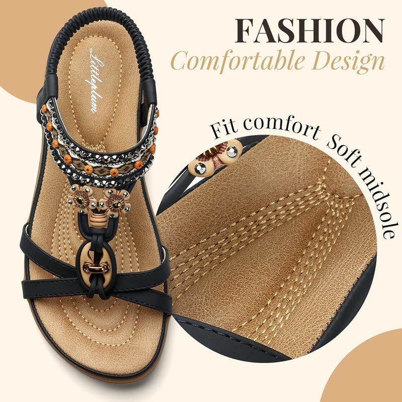 Littleplum Womens Sandals Arch Support Bohemian T-Strap Flower Rhinestone Sandals Women's Non Slip Summer Beach Flat Sandals Black Size 9.5 - Image 5