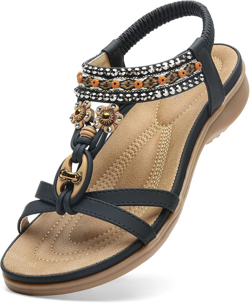 Littleplum Womens Sandals Arch Support Bohemian T-Strap Flower Rhinestone Sandals Women's Non Slip Summer Beach Flat Sandals Black Size 9.5 - Image 1