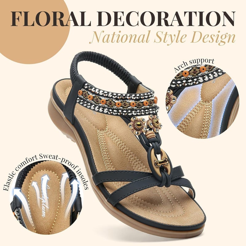 Littleplum Womens Sandals Arch Support Bohemian T-Strap Flower Rhinestone Sandals Women's Non Slip Summer Beach Flat Sandals Black Size 9.5 - Image 4