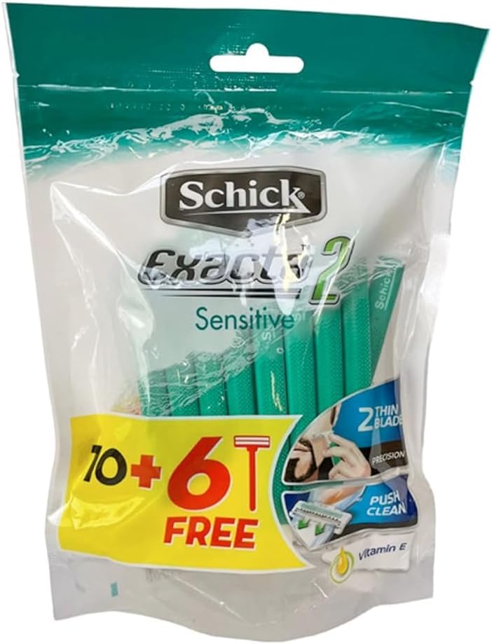 schick شيفك إكزاكتا2 ماكينة حلاقة حساسة بشفرات توأمية قابلة للتخلص منها للرجال - 16 قطعة مع فيتامين E و الألوة فيرا - Image 1