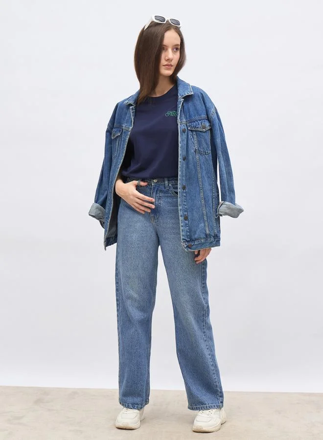 ستايلي Styli Embroidered Detail Oversized Longline T-Shirt