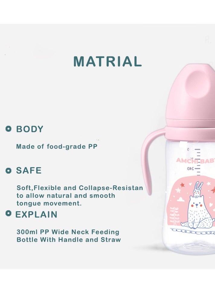 أمتشي بيبي زجاجة رضاعة بمقبض 300 مل للأطفال من 3 أشهر فما فوق - لون وردي - Image 4