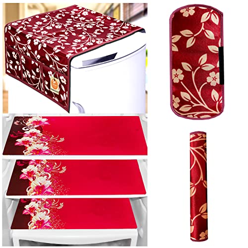 KANUSHI Industries® 1Pc Fridge Cover for Top with 6 Utility Pockets + 2 Handles Covers + 3 Fridge Mats (FRI-Maroon-Raj+2-Handle+M-23) - Image 1