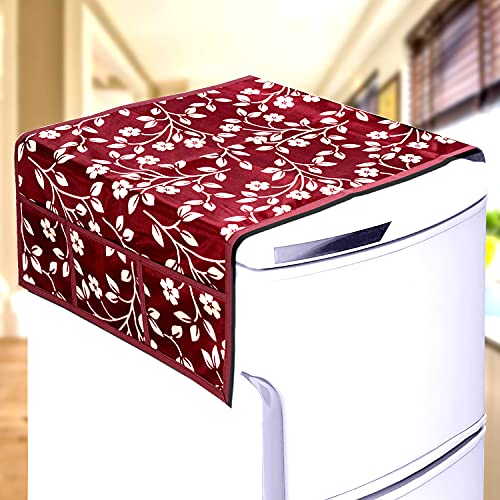 KANUSHI Industries® 1Pc Fridge Cover for Top with 6 Utility Pockets + 2 Handles Covers + 3 Fridge Mats (FRI-Maroon-Raj+2-Handle+M-23) - Image 2