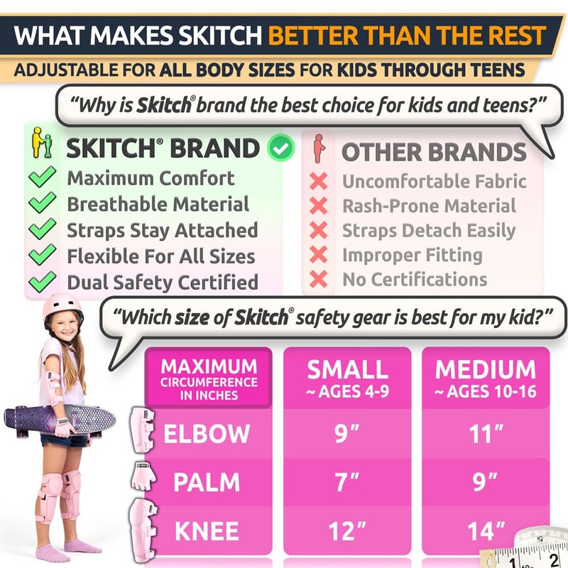 SKITCH Skateboard Protective Safety Gear Set for Kids Teens | Premium Lycra Sport Knee Pads + Elbow Pads + Padded Gloves + Carry Bag | Scooter Roller Skate Inline Skating Rollerblading | Rosy Pink (M) - Image 3