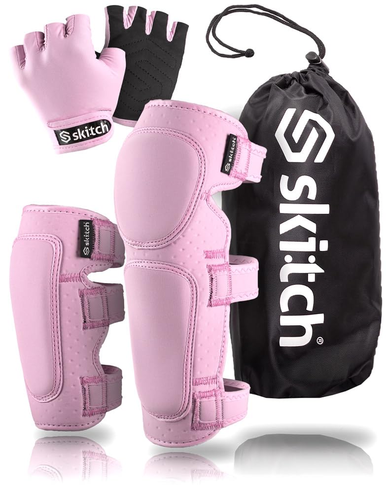 SKITCH Skateboard Protective Safety Gear Set for Kids Teens | Premium Lycra Sport Knee Pads + Elbow Pads + Padded Gloves + Carry Bag | Scooter Roller Skate Inline Skating Rollerblading | Rosy Pink (M) - Image 1