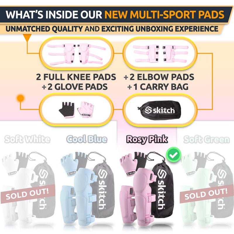 SKITCH Skateboard Protective Safety Gear Set for Kids Teens | Premium Lycra Sport Knee Pads + Elbow Pads + Padded Gloves + Carry Bag | Scooter Roller Skate Inline Skating Rollerblading | Rosy Pink (M) - Image 2