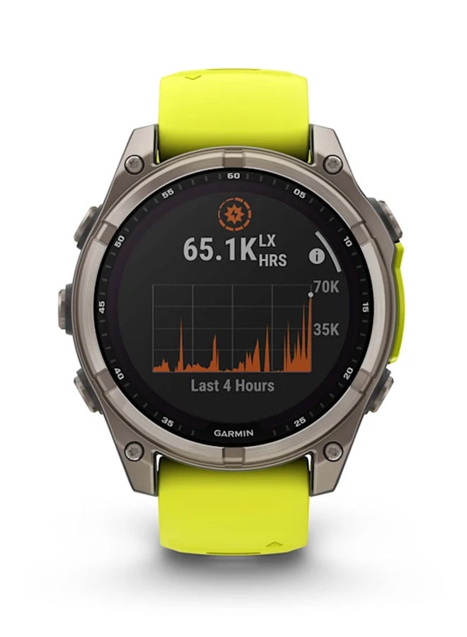 جارمين Fenix ​​8 - 47 ملم - عمر بطارية يصل إلى 48 يومًا مع الشحن بالطاقة الشمسية - شاشة 1.3 بوصة مرئية لأشعة الشمس، ذاكرة انعكاسية بالبكسل (Mip)، مقاومة للخدش، Power Sapphire™، مراقب معدل ضربات القلب، مراقب الضغط طوال اليوم، صوت دون اتصال الأوامر، وميزات الاتصال، ومصباح LED فائق السطوع، متوافق مع iOS وأندرويد - Image 2