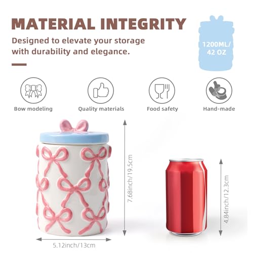 DIF DECO Cookie Jars with Lid Airtight, 42 OZ Large Ceramic Food Storage Containers, Cute Pink Bow Kitchen Canisters for Countertop, Suitable for Home Decor of Coffee, Sugar, Tea, Flour, Dog Treat (7.5 inch） - Image 2