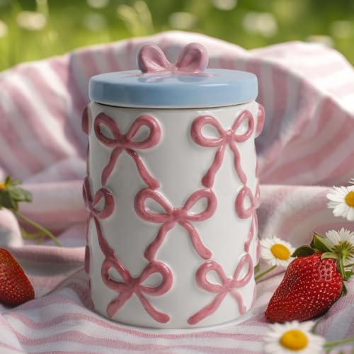 DIF DECO Cookie Jars with Lid Airtight, 42 OZ Large Ceramic Food Storage Containers, Cute Pink Bow Kitchen Canisters for Countertop, Suitable for Home Decor of Coffee, Sugar, Tea, Flour, Dog Treat (7.5 inch） - Image 1