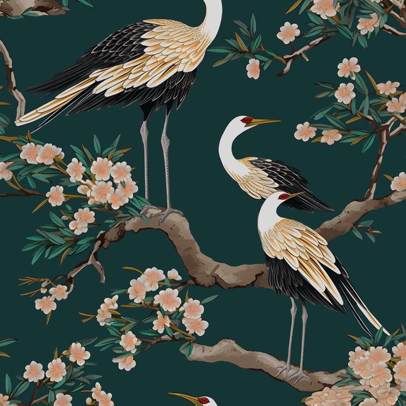 Laatse Dark Green Peel and Stick Wallpaper Crane Bird Floral Contact Paper 175 x 3937in Boho Vinyl Wall Paper Mural Removable Selfadhesive Waterproof for Bedroom Cabinet Shelf Drawer Renter Friendly - Image 2