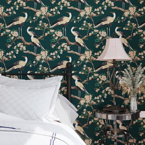 Laatse Dark Green Peel and Stick Wallpaper Crane Bird Floral Contact Paper 175 x 3937in Boho Vinyl Wall Paper Mural Removable Selfadhesive Waterproof for Bedroom Cabinet Shelf Drawer Renter Friendly - Image 3
