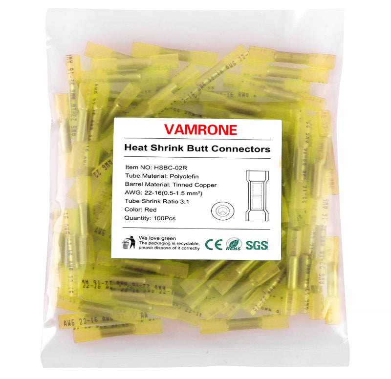 VAMRONE Heat Shrink Butt Wire Connectors, 50Pcs 12-10 AWG Yellow Insulated Waterproof Electrical Wire Connectors Automotive Marine Grade Wire Crimp Terminals Butt Splices, Ideal for Boat, Truck, Stereo Yellow - Image 1