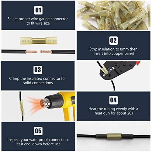 VAMRONE Heat Shrink Butt Wire Connectors, 50Pcs 12-10 AWG Yellow Insulated Waterproof Electrical Wire Connectors Automotive Marine Grade Wire Crimp Terminals Butt Splices, Ideal for Boat, Truck, Stereo Yellow - Image 5