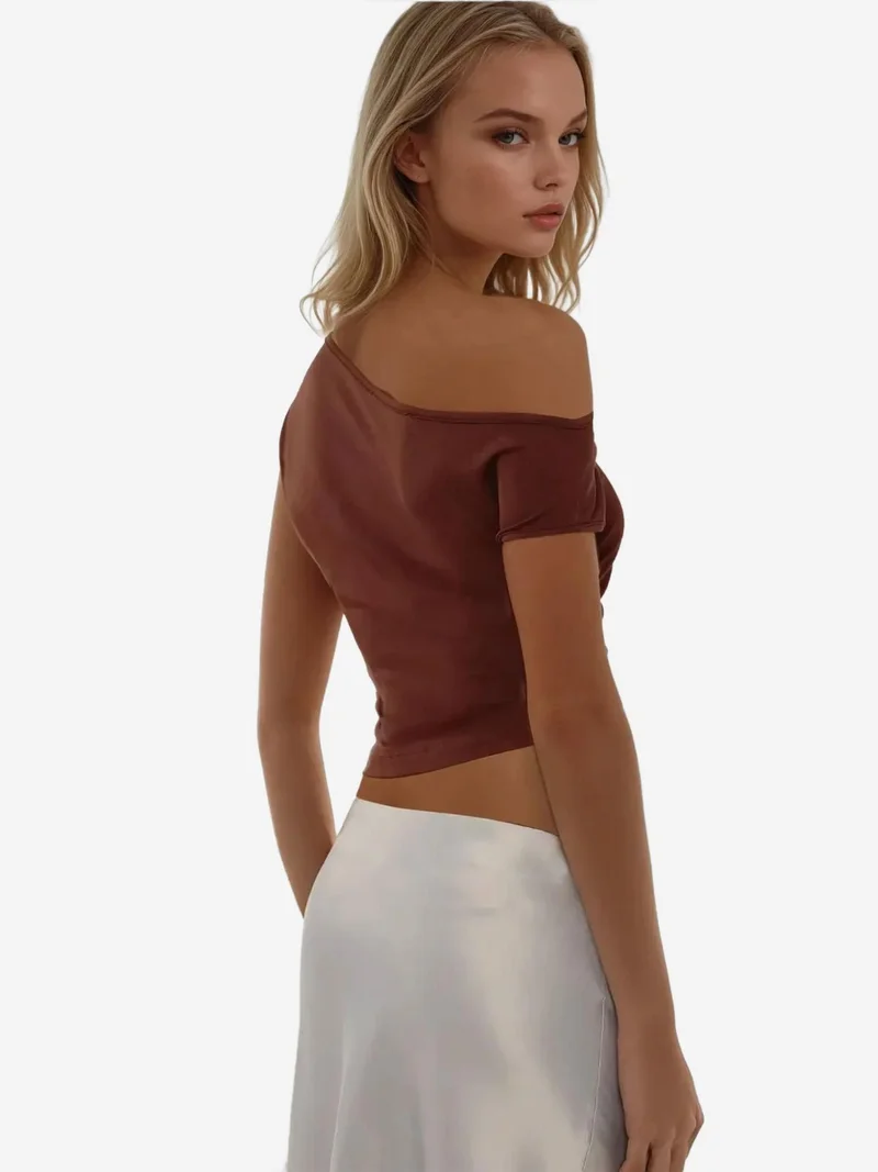 Hiccup Chestnut Brown Soft Touch Asymmetrical Top With Drape Detail for Women | Best Price UAE