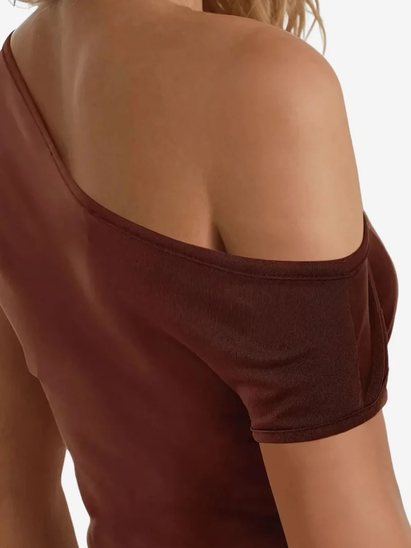 Hiccup Chestnut Brown Soft Touch Asymmetrical Top With Drape Detail for Women | Best Price UAE