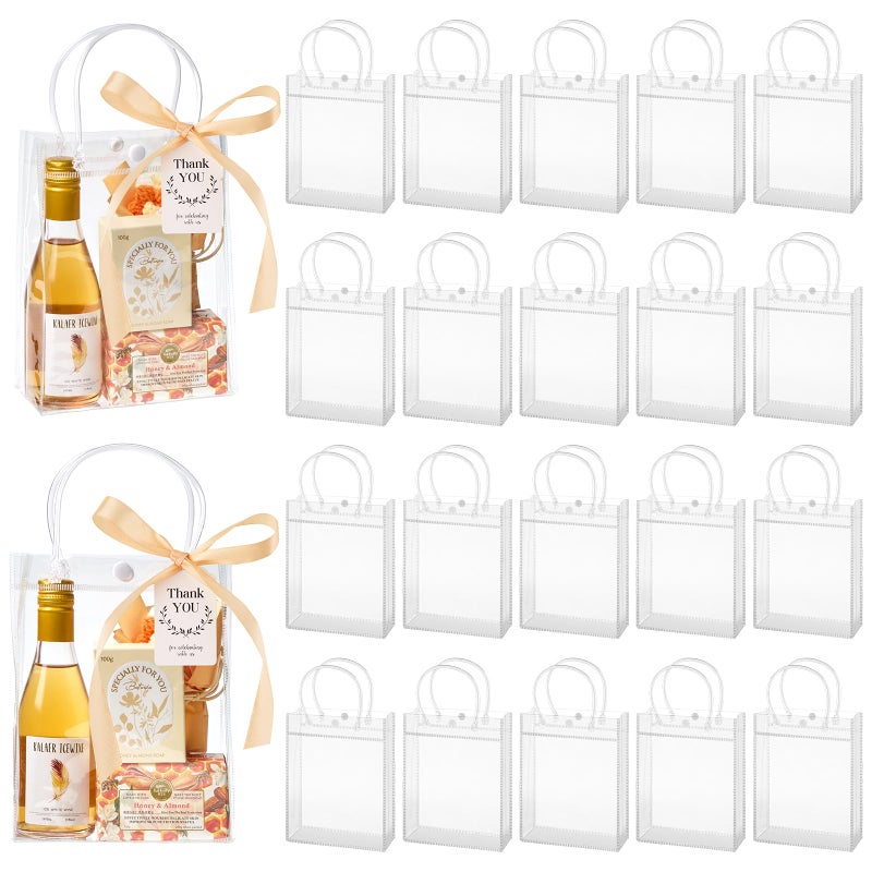 Mauproy 24 Pack Clear Plastic Gift Bags with Handles, Party Favor Bags with Ribbons and Tags, Reusable Goodie Tote Bags for Wedding Baby Shower Halloween (5.9” x 7.9” x 2.8") - Image 1