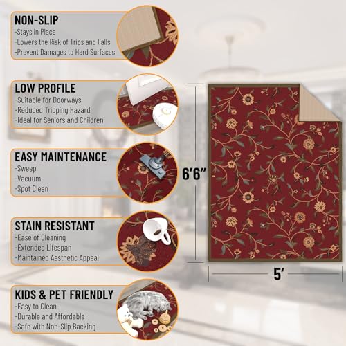 Ottomanson 5' x 6'6" Rugs for Living Room Floral Area Rug for Bedroom - Non Slip Durable Large Floor Carpet for High Traffic Areas - Indoor Rug for Dining Room Kitchen Kids Playroom, Red - Image 2