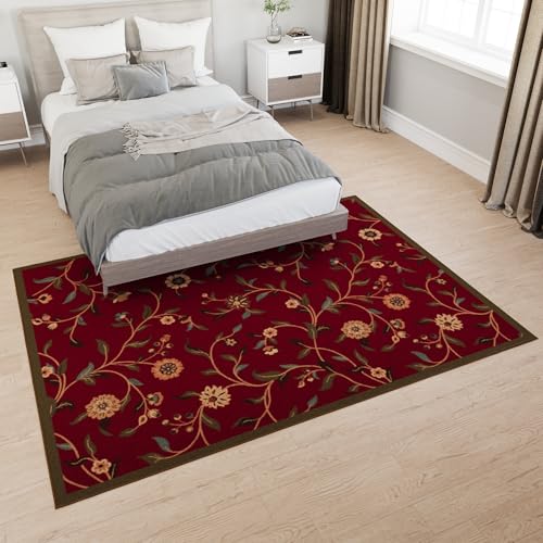 Ottomanson 5' x 6'6" Rugs for Living Room Floral Area Rug for Bedroom - Non Slip Durable Large Floor Carpet for High Traffic Areas - Indoor Rug for Dining Room Kitchen Kids Playroom, Red - Image 3