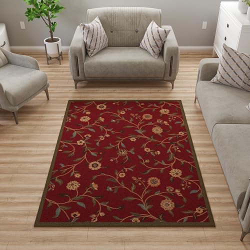 Ottomanson 5' x 6'6" Rugs for Living Room Floral Area Rug for Bedroom - Non Slip Durable Large Floor Carpet for High Traffic Areas - Indoor Rug for Dining Room Kitchen Kids Playroom, Red - Image 1