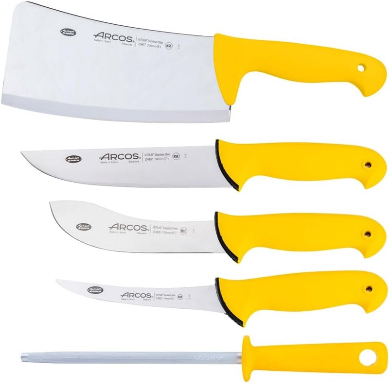 Arcos 2900 Series Professional 6-Piece Knife Set - High-Carbon NITRUM Stainless Steel - Includes Specialized Processing Knives, Sharpening Steel & Roll Bag - NSF Certified - Yellow Handles - Image 1