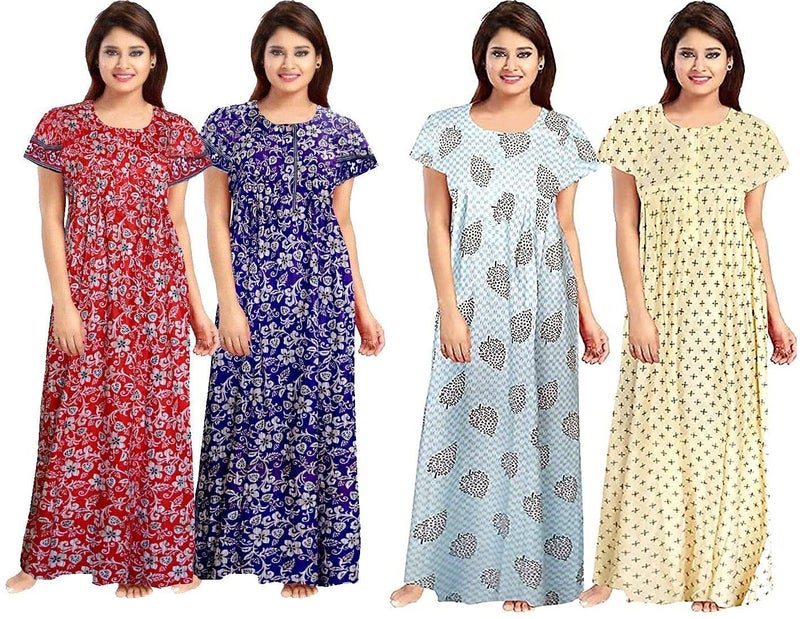 NEGLIGEE Women's Cotton Printed Maxi Nightgown Nighty for Women Ankle Length Night Dress - Pack of 4 (Free Size, Multicolor, Option 08) - Image 1