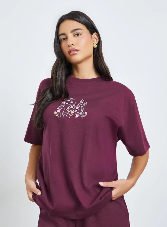 Styli Burgundy Embroidered Floral Oversized T-Shirt