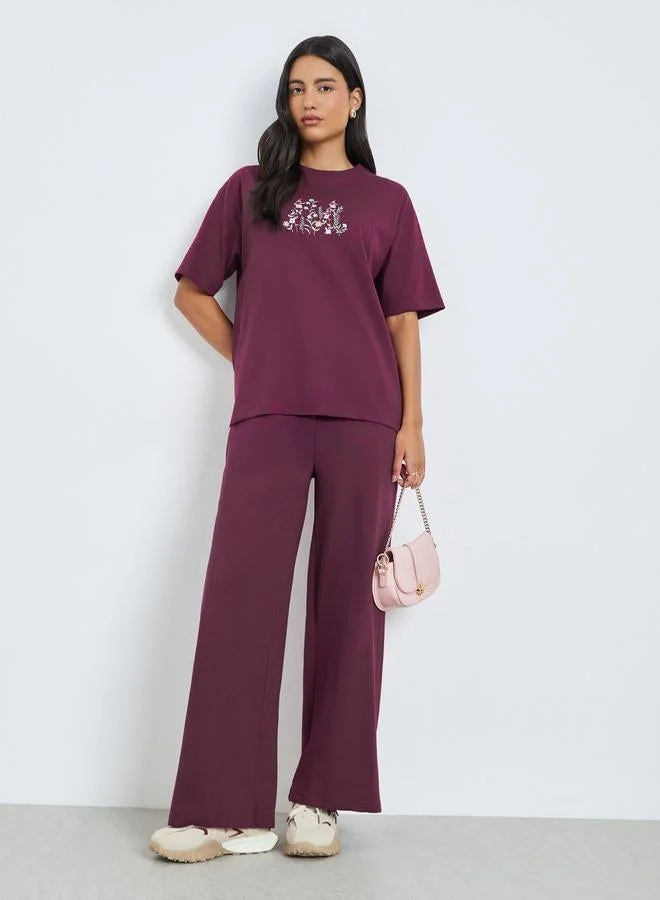 Styli Burgundy Embroidered Floral Oversized T-Shirt