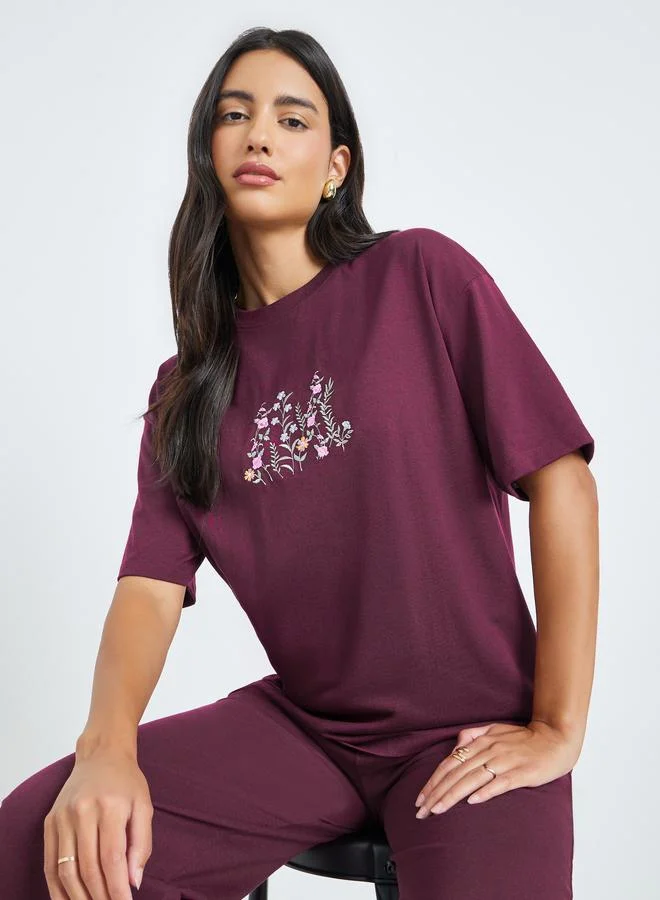 Styli Burgundy Embroidered Floral Oversized T-Shirt