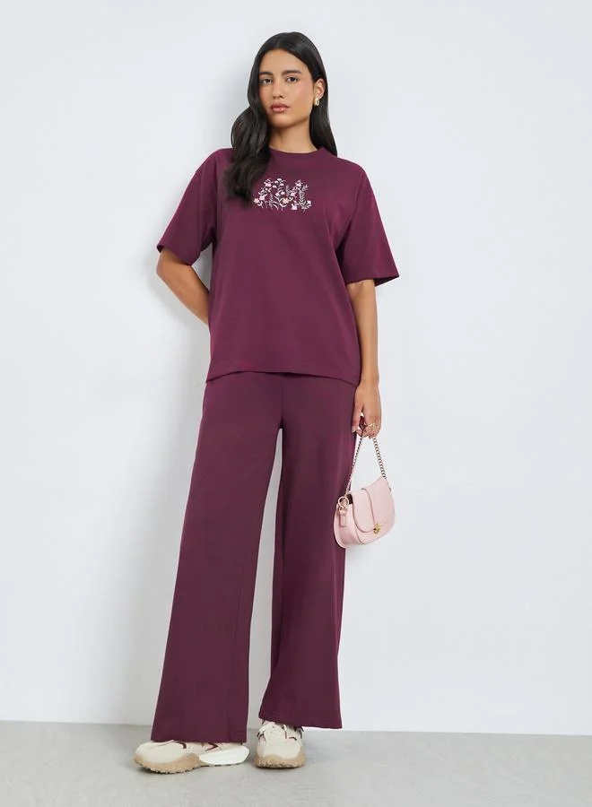 Styli Burgundy Embroidered Floral Oversized T-Shirt
