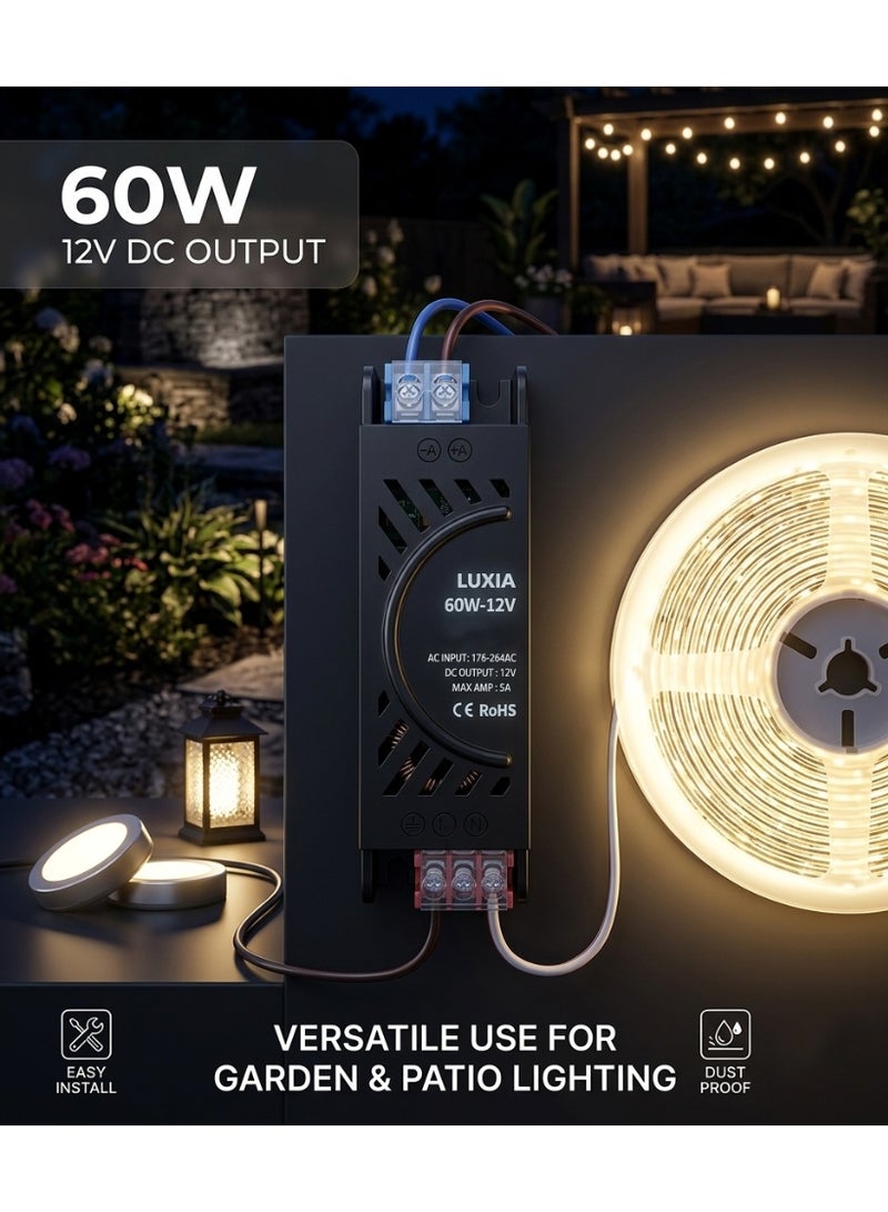 محول جهد منخفض 12 فولت بقدرة 60 واط - مزود طاقة LED نحيف بمعيار IP67 لشرائط الإضاءة ولوحات العرض ومصابيح LED، تشغيل هادئ، إضاءة ثابتة خالية من الوميض - Image 5