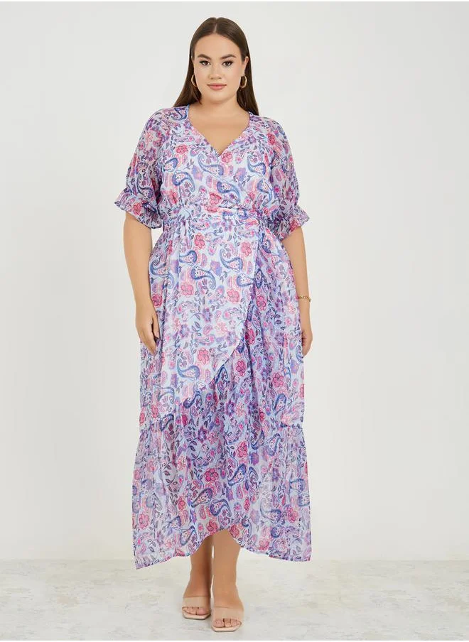 ستايلي Plus Paisley Print Lurex Stripe Wrap Maxi Dress