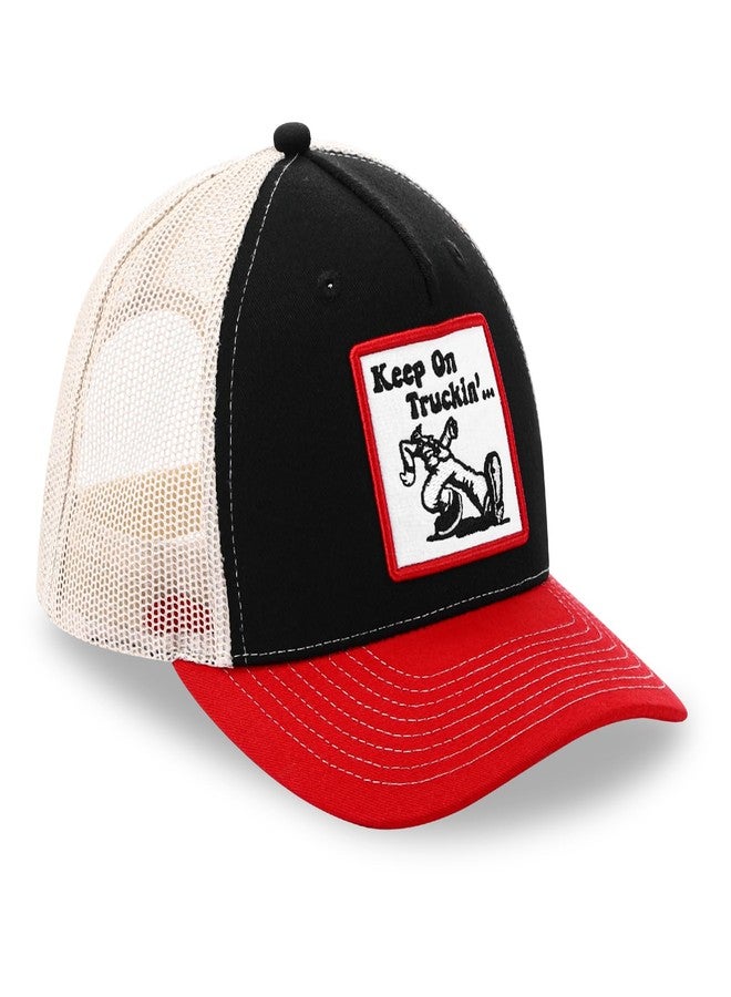 SockFrenzy Keep on Truckin' Funny Embroidered Patch Trucker Hat, Retro Vintage Baseball Cap for Men & Women, Breathable Mesh Snapback, Black/Red/White, for Truck Drivers - Image 1