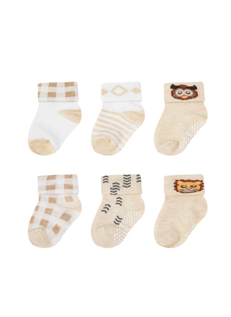 infancie - 6-Pack Non-Slip Grip Baby Cotton Socks (6-12 Months) Beige/White - Image 1