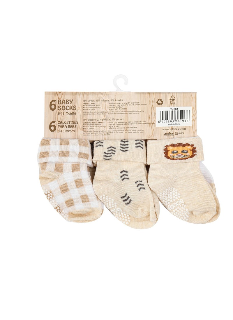 infancie - 6-Pack Non-Slip Grip Baby Cotton Socks (6-12 Months) Beige/White - Image 1