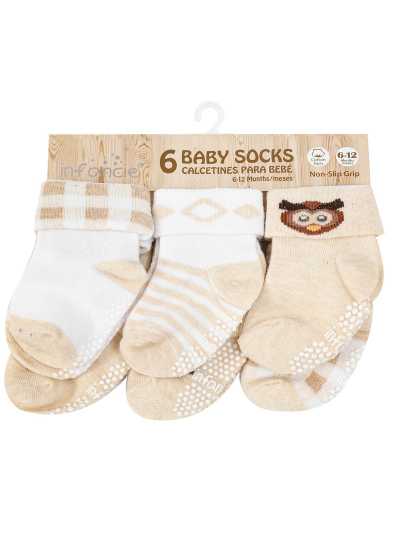 infancie - 6-Pack Non-Slip Grip Baby Cotton Socks (6-12 Months) Beige/White - Image 1